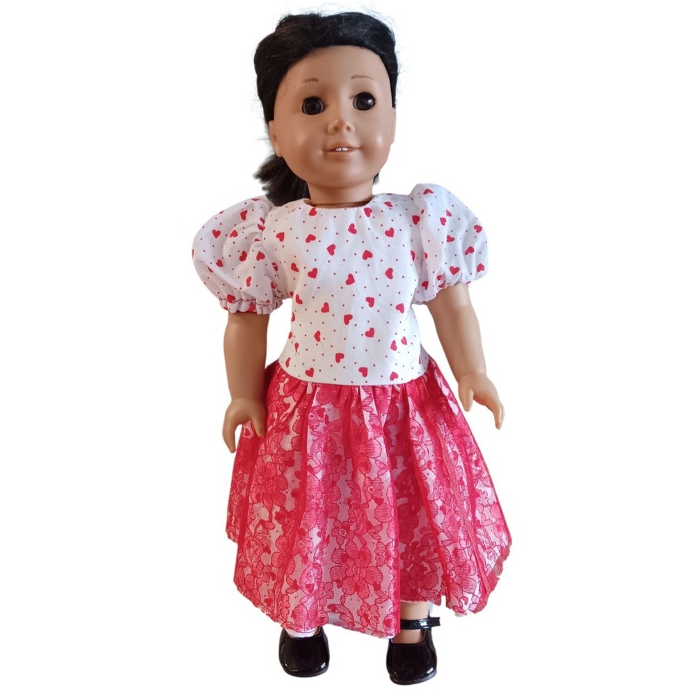 Handmade Cotton Lace 18" doll Red Hearts love Print dress Fit American Girl doll